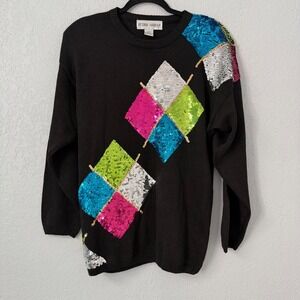 Victoria Harbour Vintage Black Sequin Diamond Geometric Sweater Womens Medium